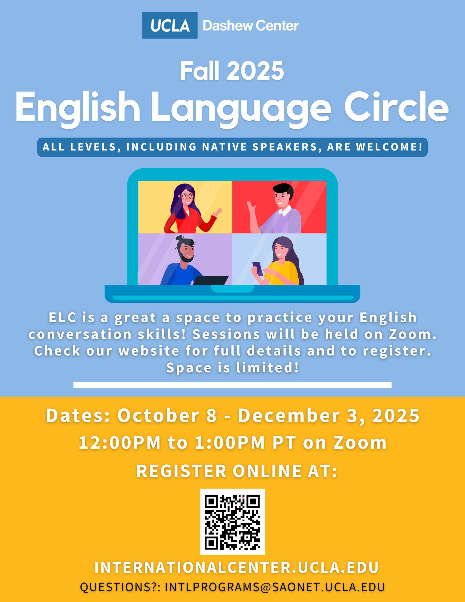 Fall 2025 English Language Circle flyer. Blue and gold image advertising program for fall quarter.
